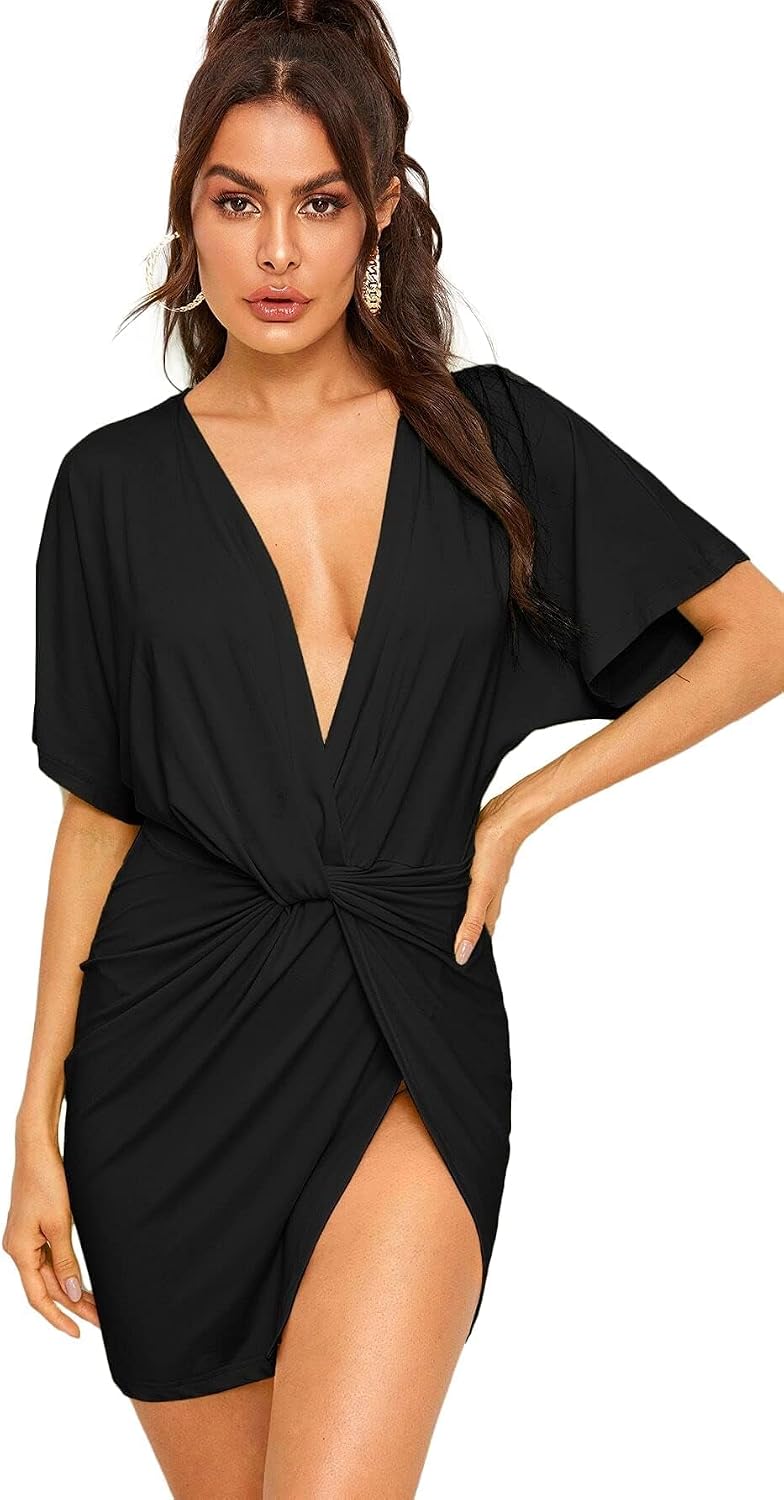 Twisted Deep-V Mini Dress with High Slit in Black Pure