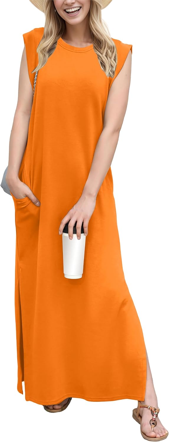 Crew-Neck Loose Maxi Dress with Side Slits and Pockets in Vibrant Orange