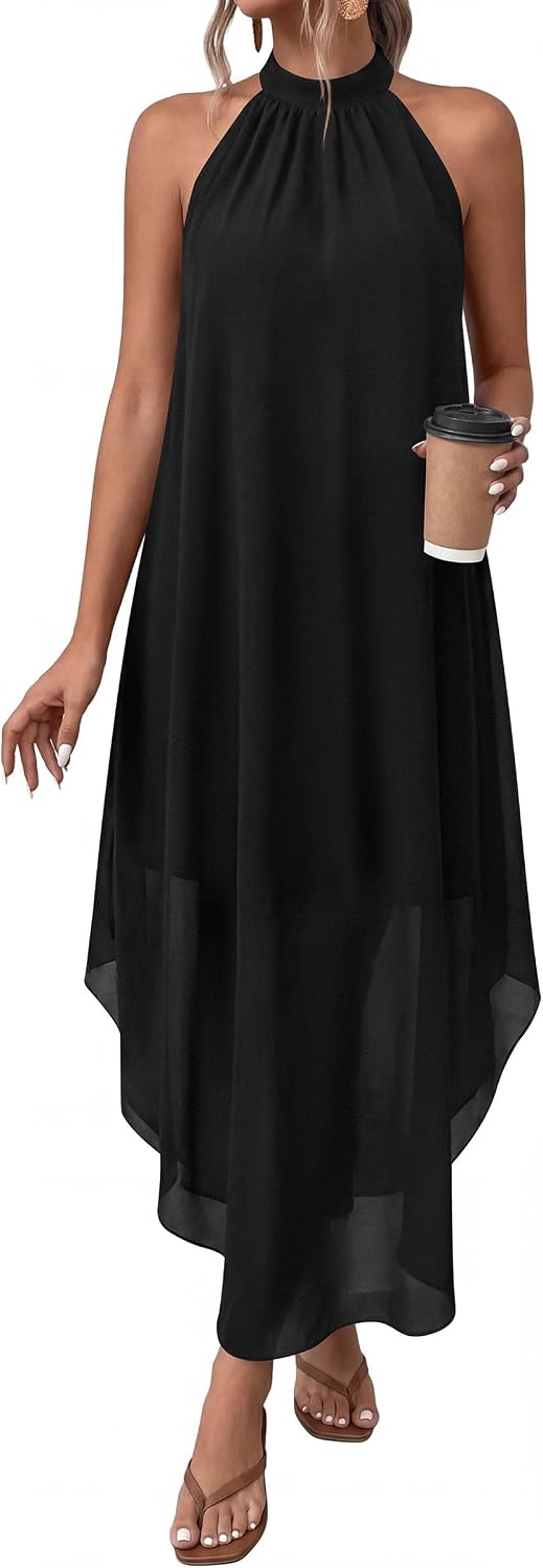 Halter Asymmetric-Hem Flowy Maxi Dress with Pockets in Black