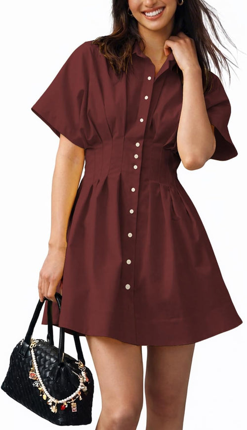 Collared Button-Down Mini Shirt Dress in Burgundy