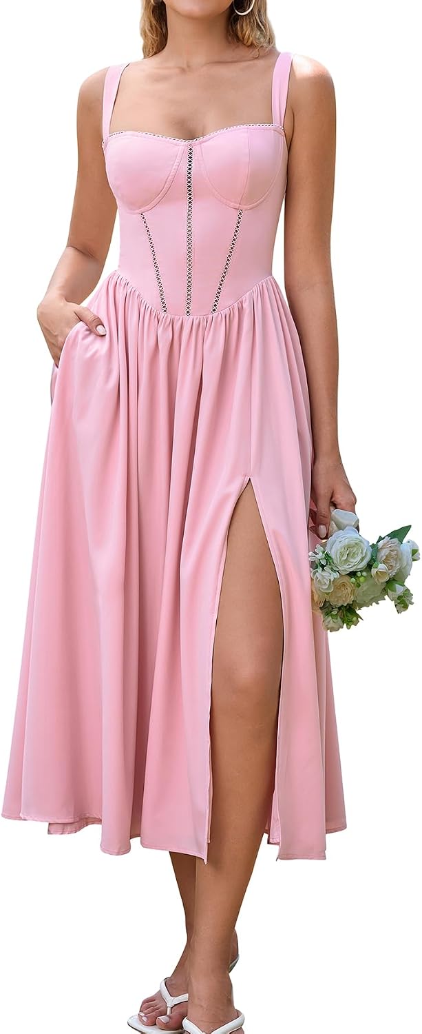 Floral Corset Midi Dress with Slit and Pockets in Pink