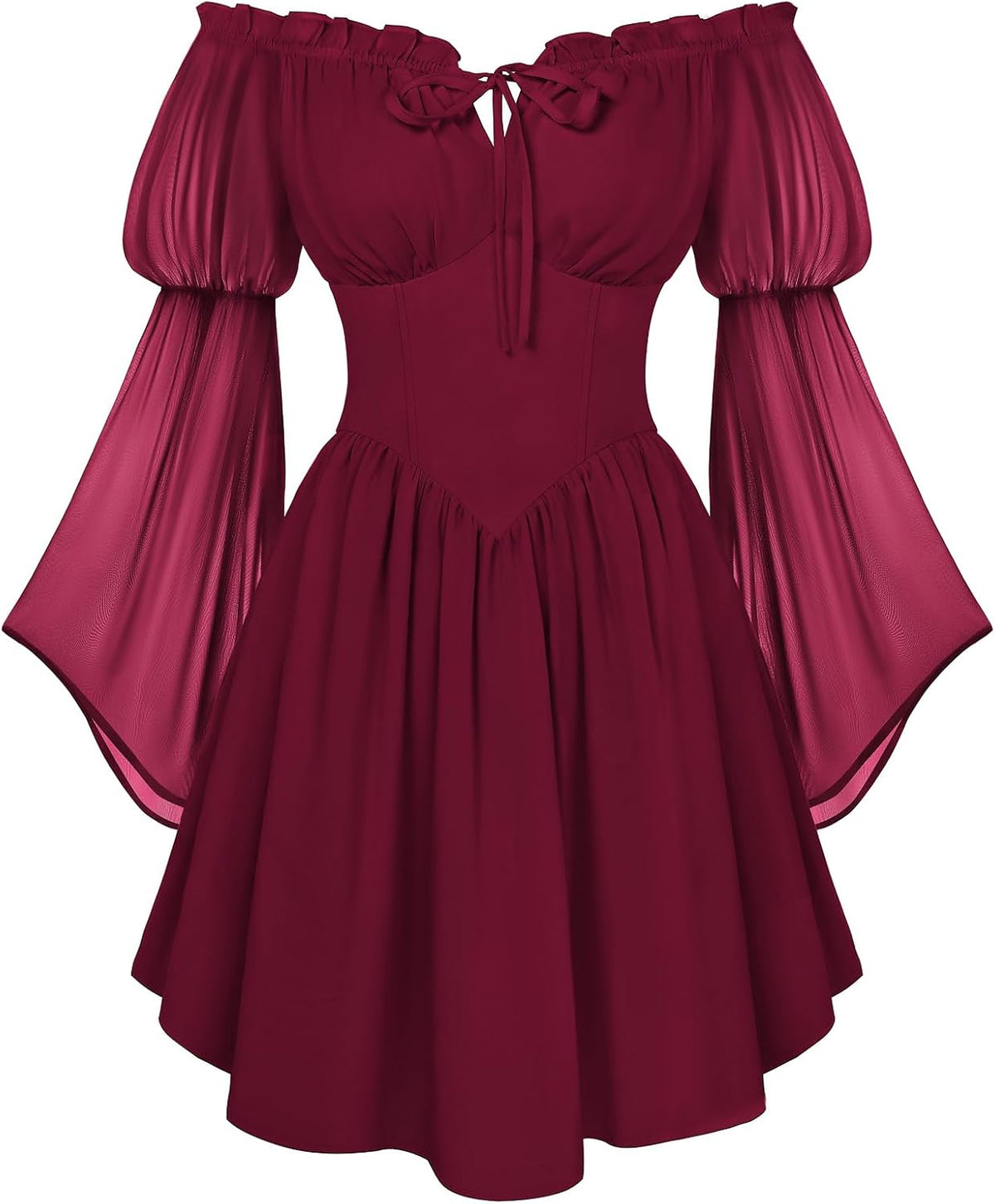 Off-Shoulder Bell-Sleeve Renaissance Dress with Pockets in Wine