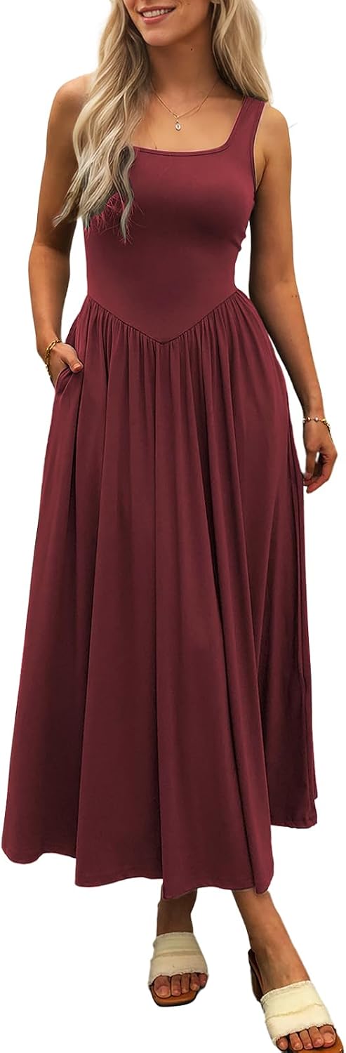 Square-Neck Sleeveless Maxi Sundress with Pockets in Wine Red