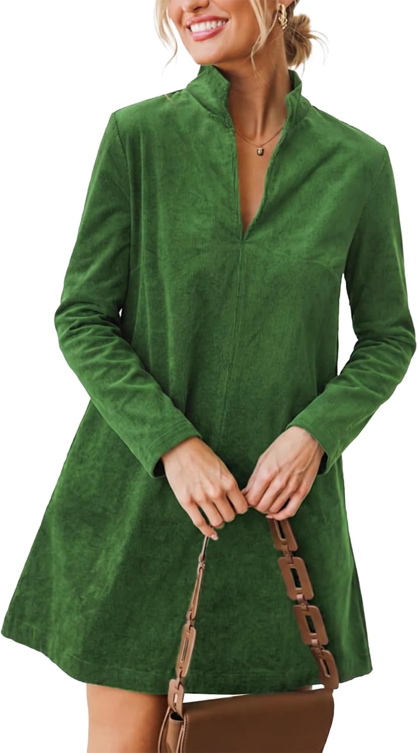 Corduroy V-Neck Long-Sleeve A-Line Mini Dress in Green