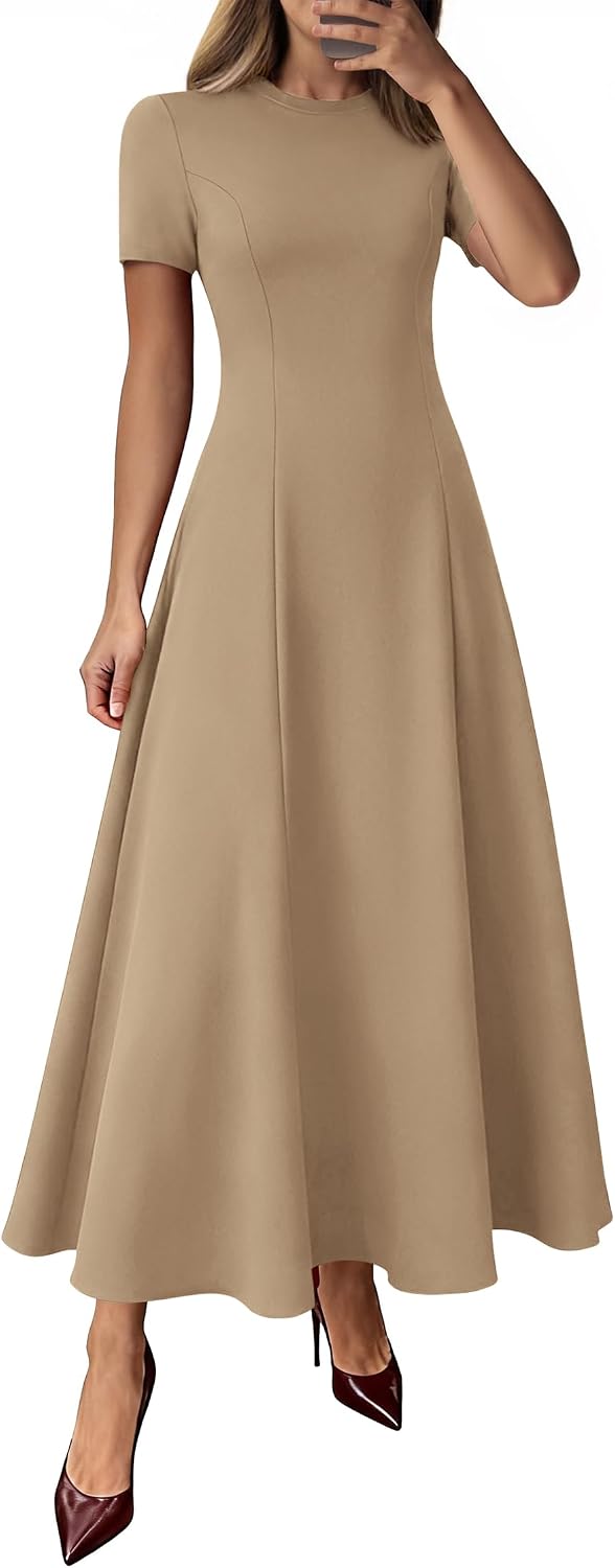 Crew-Neck Pleated Short-Sleeve Maxi Dress in Khaki