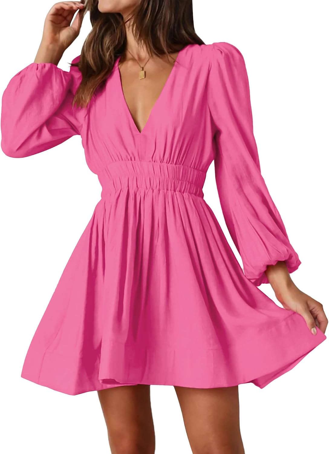 Deep-V Long-Sleeve A-Line Mini Dress in Rose Red