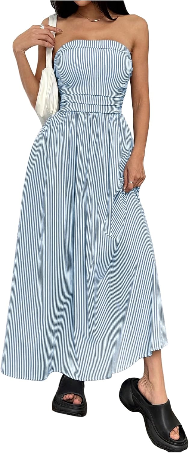 Striped Strapless A-Line Maxi Dress with Pockets in Blue and White