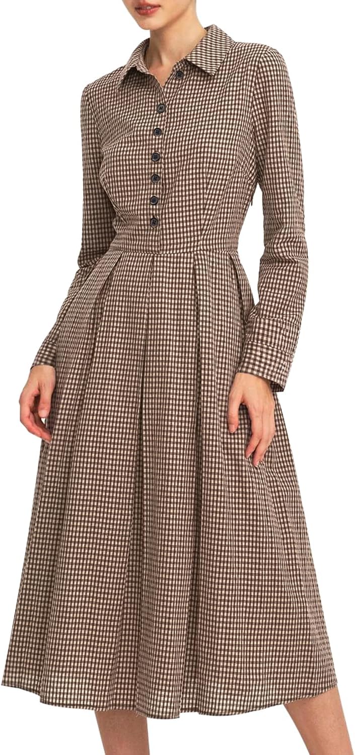 Plaid Sleeveless Collared Button-Up A-Line Dress in Brown 3