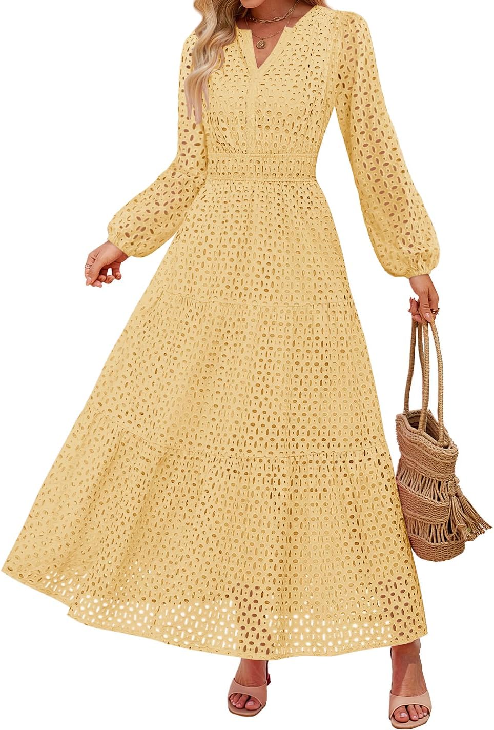 Eyelet V-Neck Long-Sleeve A-Line Dress in Yellow