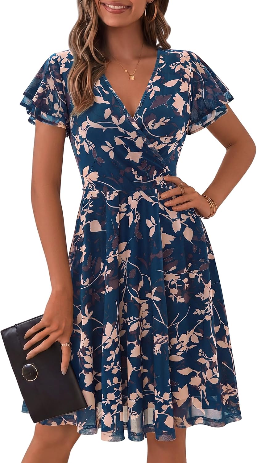 Floral Mesh Wrap V-Neck Knee-Length Dress in Navy Floral 7