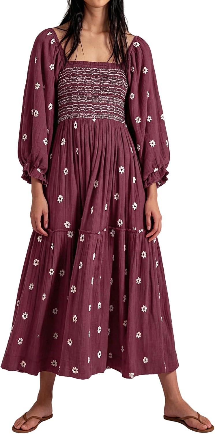 Embroidered Floral Long-Sleeve Tiered Midi Dress in Wine Red