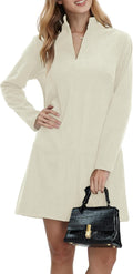 Corduroy V-Neck Long-Sleeve A-Line Mini Dress in Beige