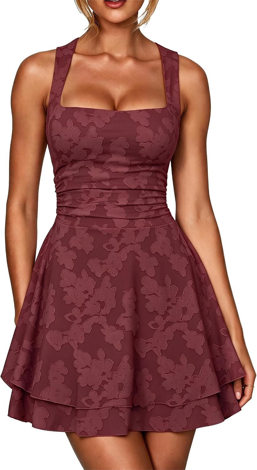 Floral Square-Neck Ruffle A-Line Mini Dress in Wine Red