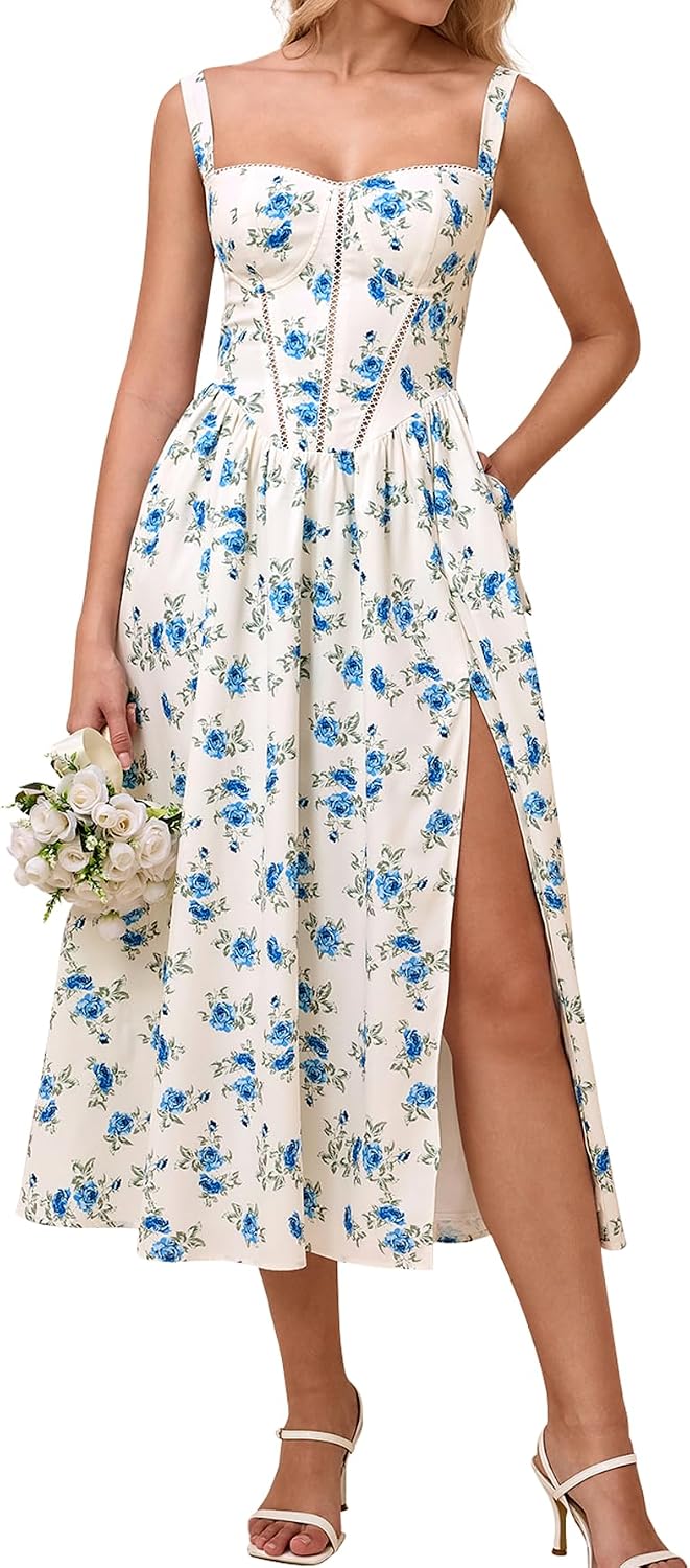 Floral Corset Midi Dress with Slit and Pockets