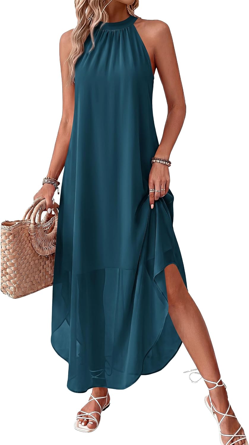 Halter Asymmetric-Hem Flowy Maxi Dress with Pockets in Lake Blue