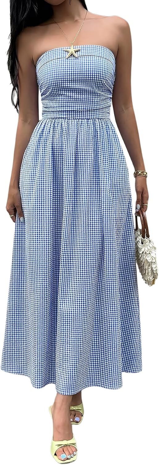 Striped Strapless A-Line Maxi Dress with Pockets in Multi Blue