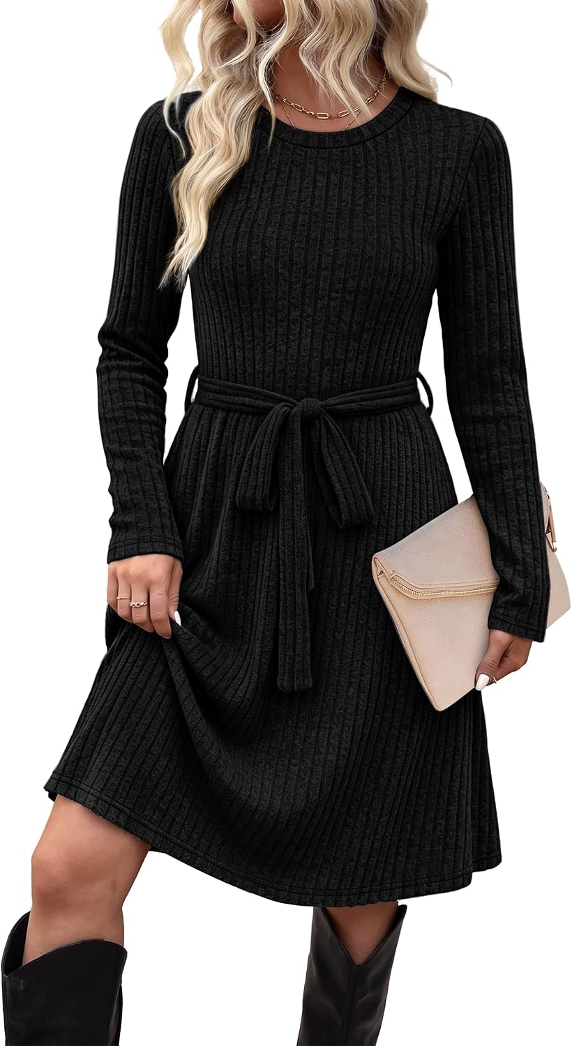 Long-Sleeve Crew-Neck Sweater Dress with Tie Waist and Pockets in Black