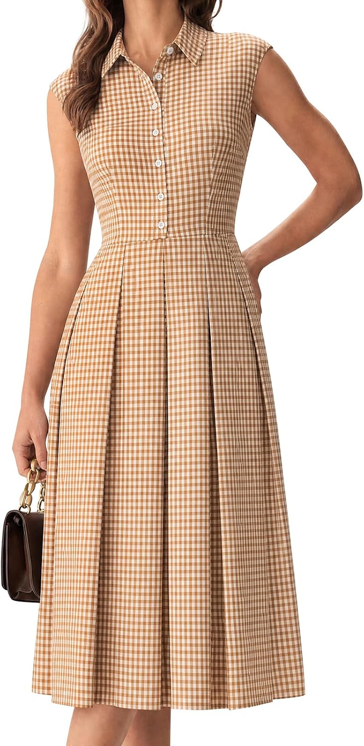 Plaid Sleeveless Collared Button-Up A-Line Dress in Khaki