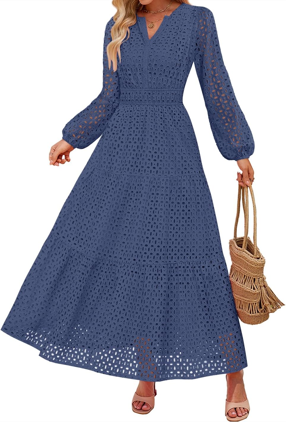 Eyelet V-Neck Long-Sleeve A-Line Dress in Dusty Blue