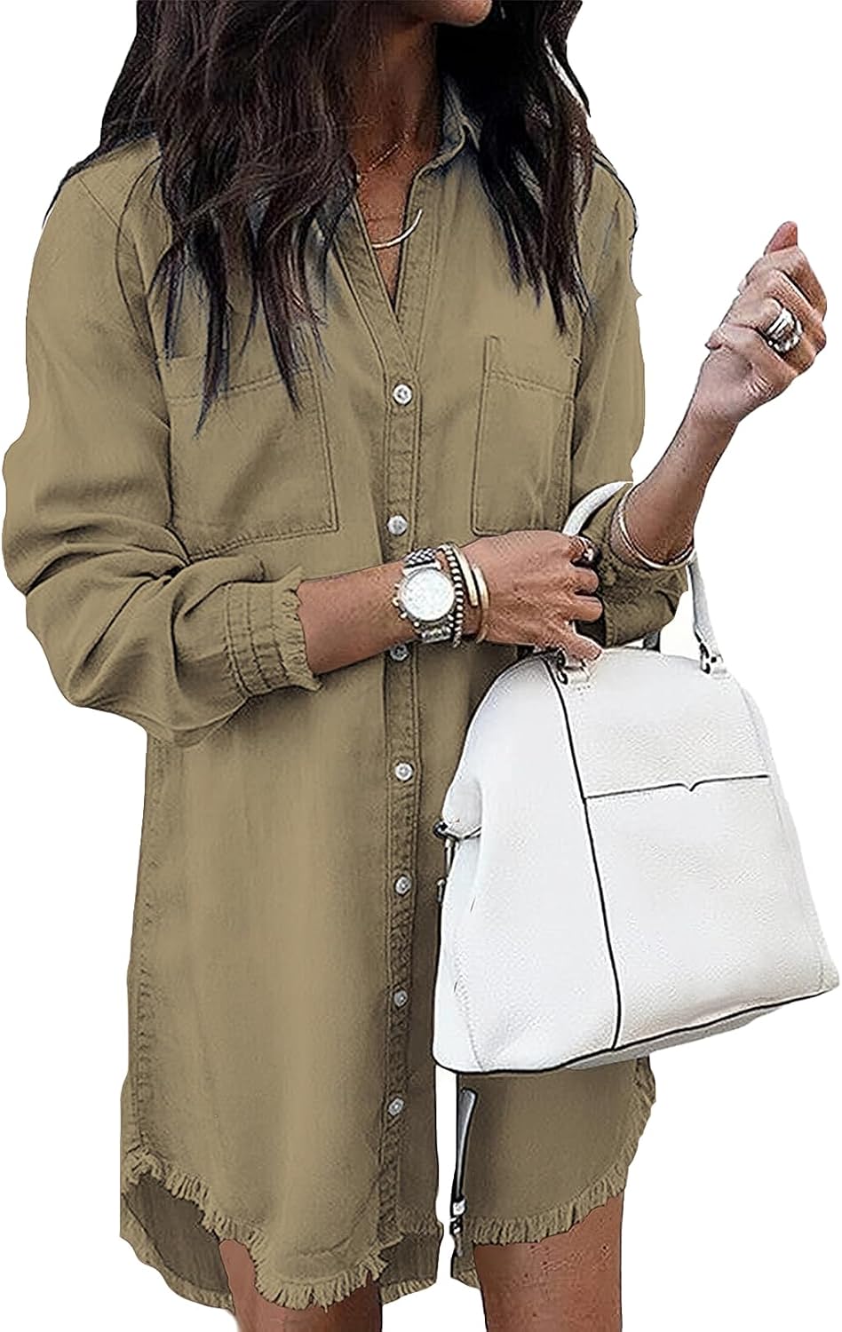 Long-Sleeve Button-Down Denim Shirt Dress with Fringe Hem in Khaki