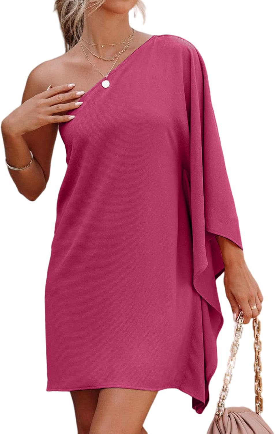 One-Shoulder Batwing-Sleeve Short Cocktail Dress in Purple Red