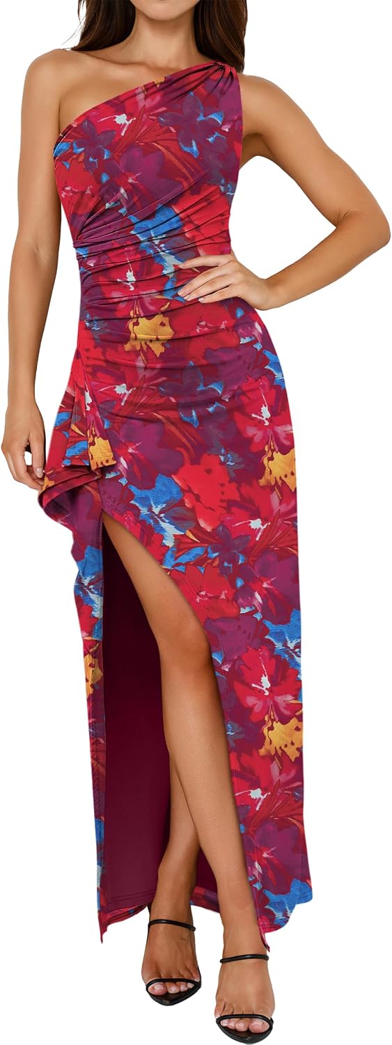 Floral One-Shoulder Bodycon Maxi Dress with High Slit in Purple Red Floral