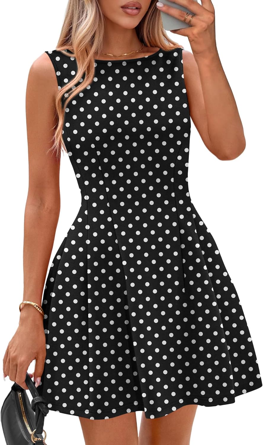 Boat-Neck Mini Cocktail Dress in Black Polka Dot