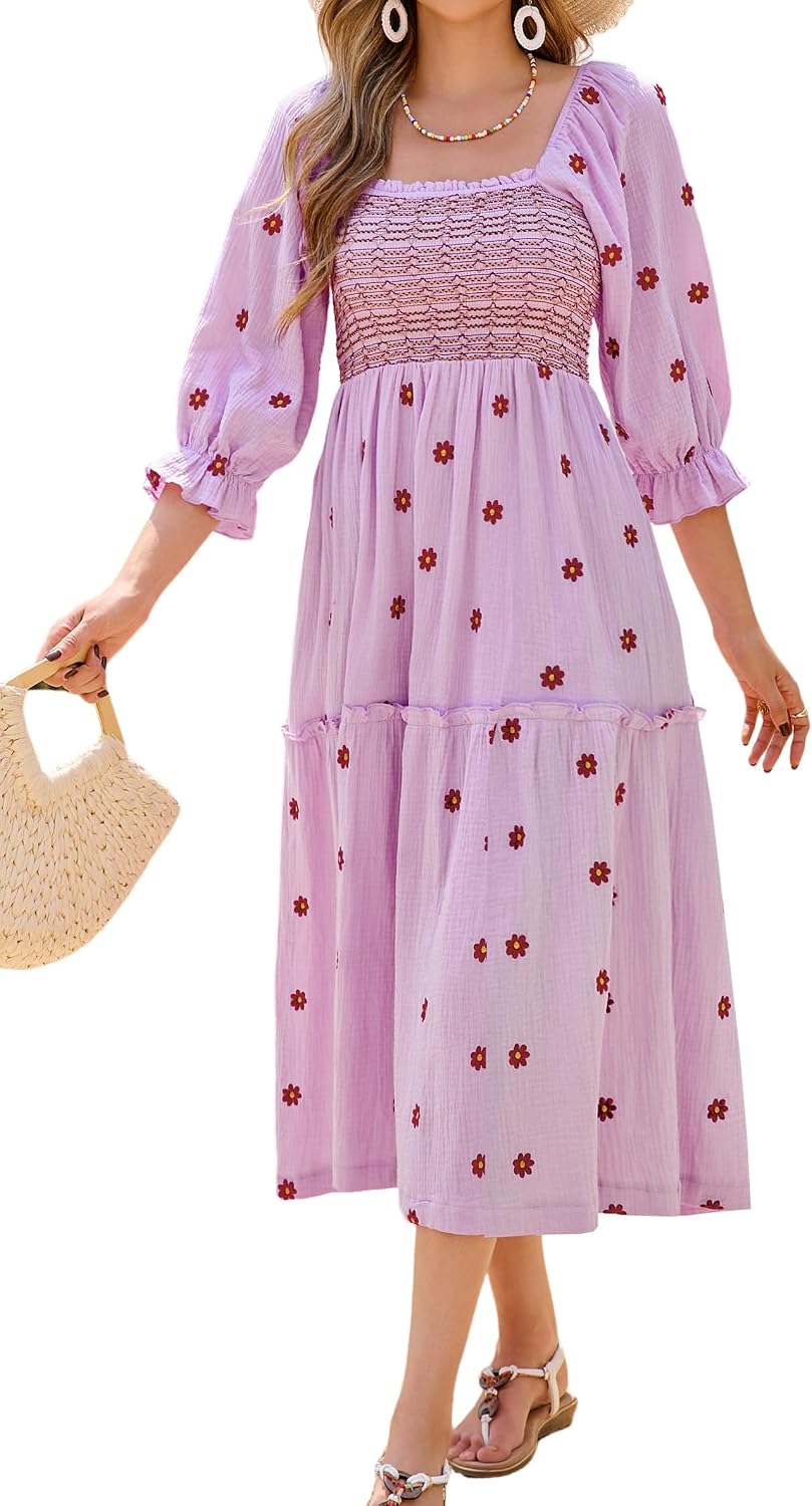 Embroidered Floral Long-Sleeve Tiered Midi Dress in Light Purple