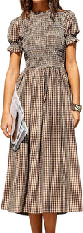 Gingham Puff-Sleeve Smocked Midi Dress in Coffee (Long)