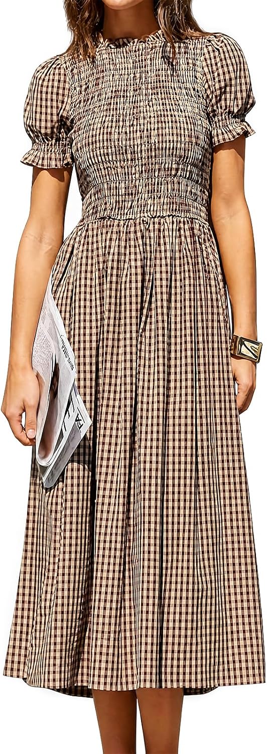 Gingham Puff-Sleeve Smocked Midi Dress in Coffee (Long)