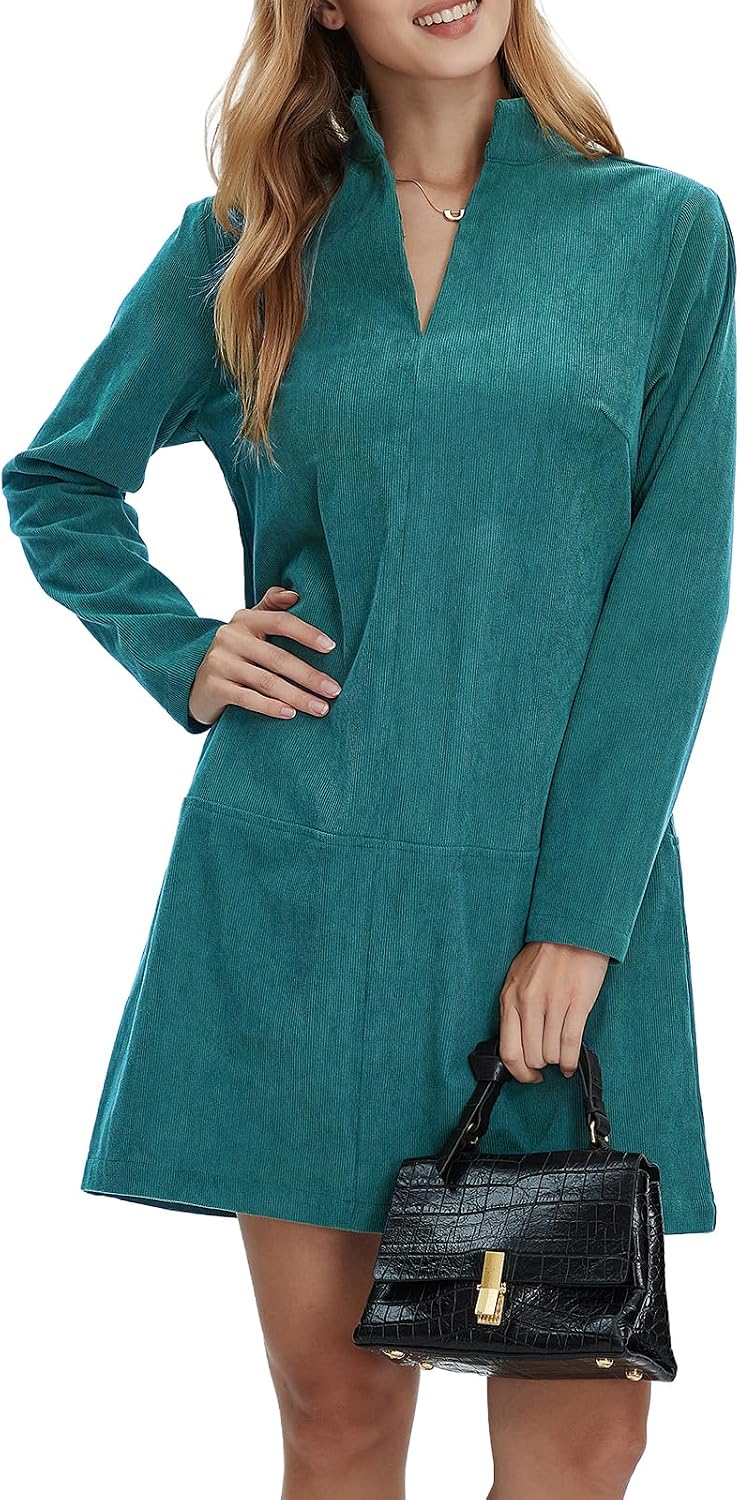 Corduroy V-Neck Long-Sleeve A-Line Mini Dress in Blue