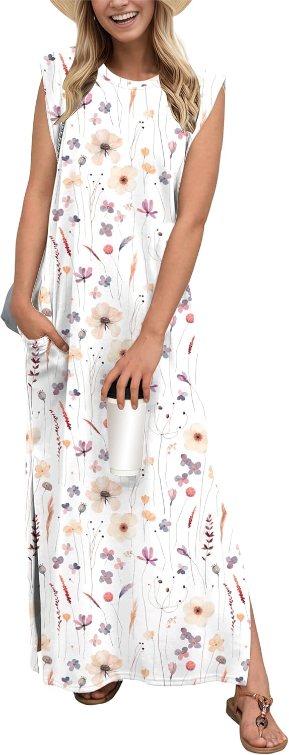 Crew-Neck Loose Maxi Dress with Side Slits and Pockets in Ink Lotus