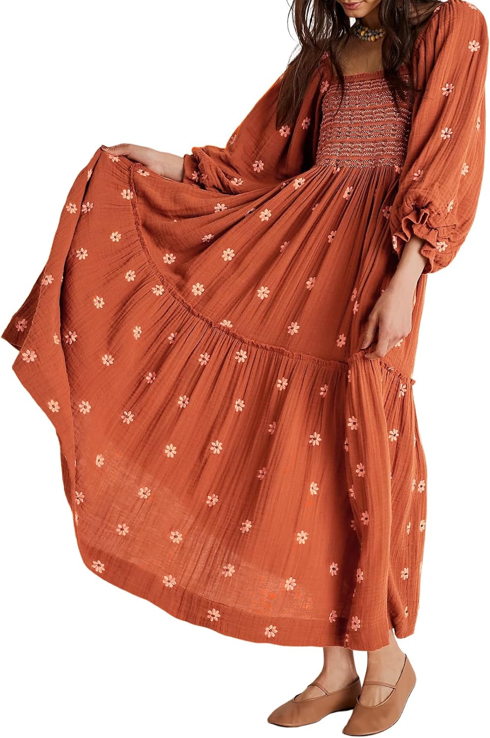 Embroidered Floral Long-Sleeve Tiered Midi Dress in Rust Brown
