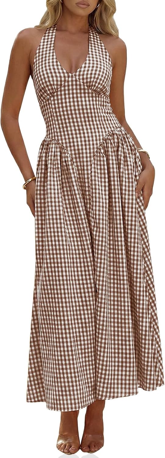 Plaid Halter Corset Maxi Dress with Pockets in Coffee