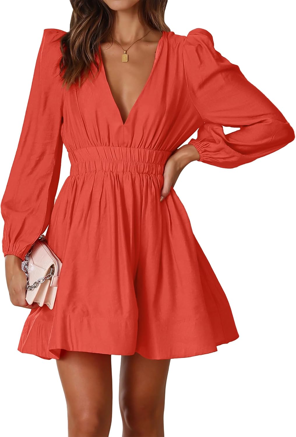 Deep-V Long-Sleeve A-Line Mini Dress in Orange
