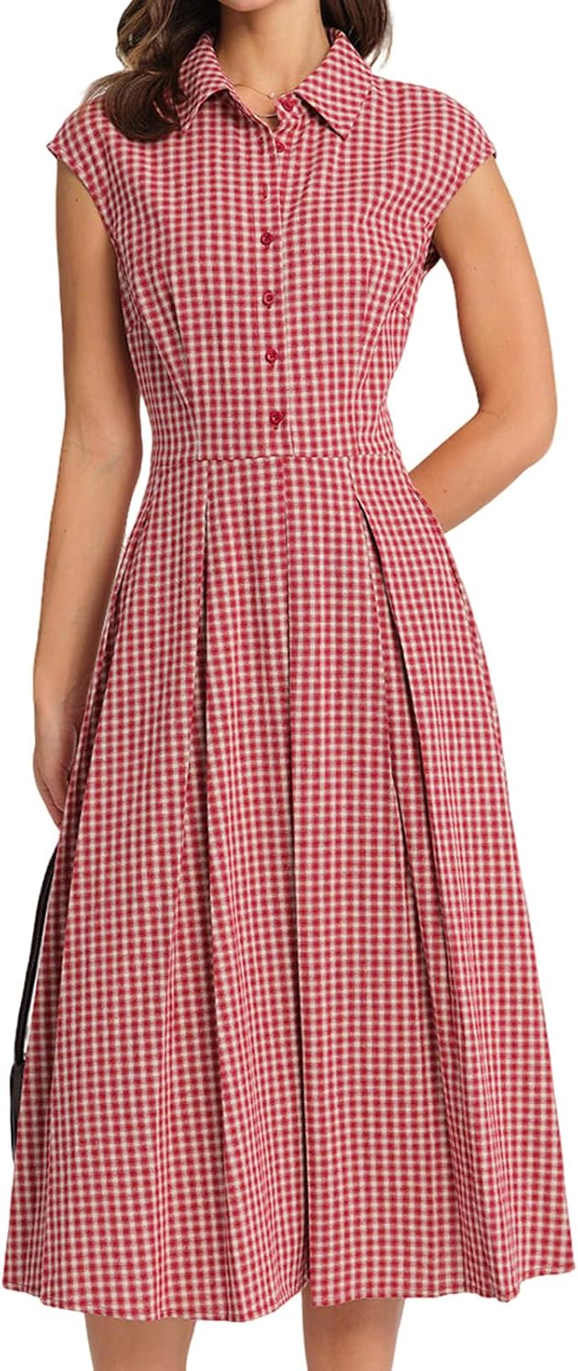 Plaid Sleeveless Collared Button-Up A-Line Dress in Red