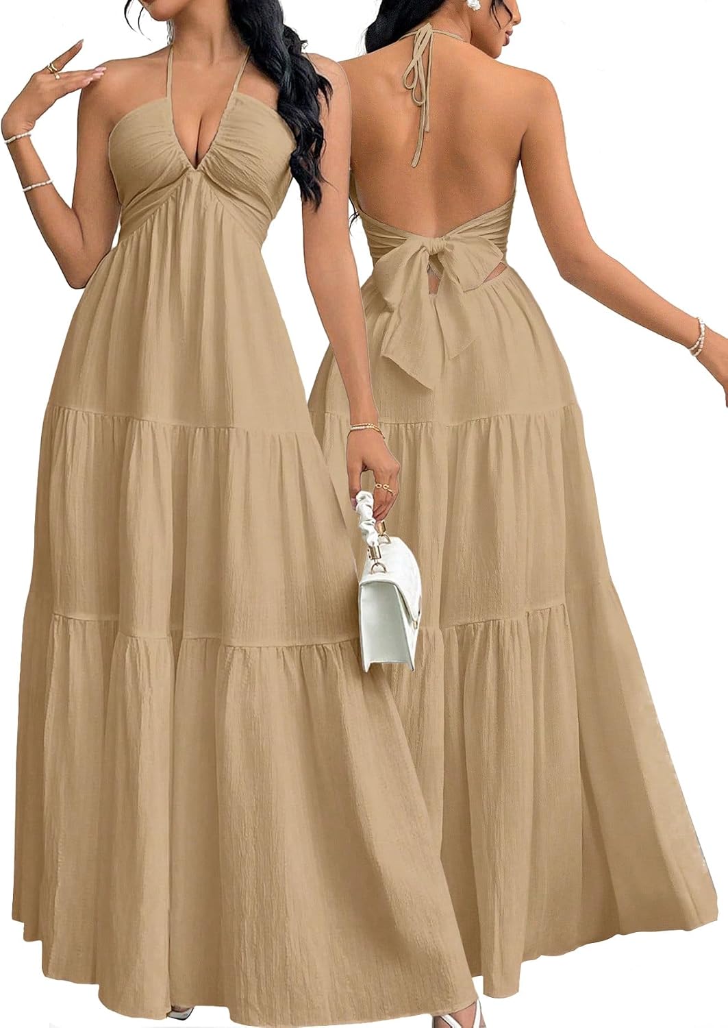 Halter V-Neck A-Line Maxi Dress in Khaki