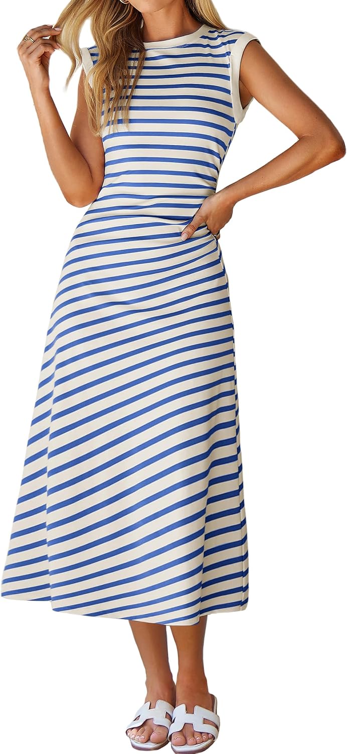 Cap-Sleeve T-Shirt A-Line Midi Dress in Blue