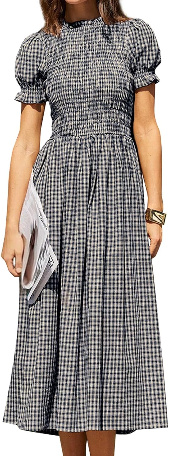 Gingham Puff-Sleeve Smocked Midi Dress in Blue Plaid (Long)