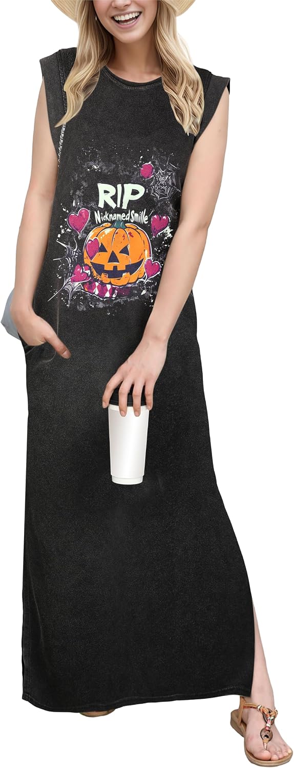 Crew-Neck Loose Maxi Dress with Side Slits and Pockets in Halloween Pumpkin Print