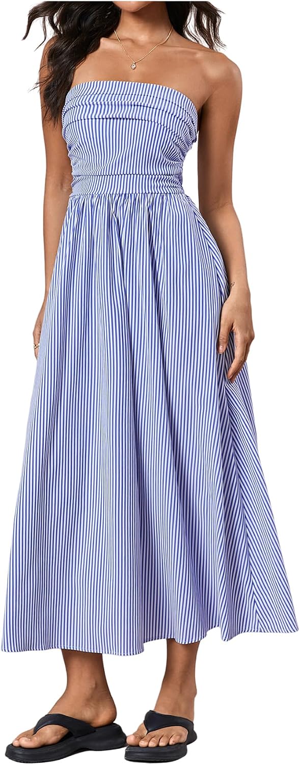 Striped Strapless A-Line Maxi Dress with Pockets in Dark Blue