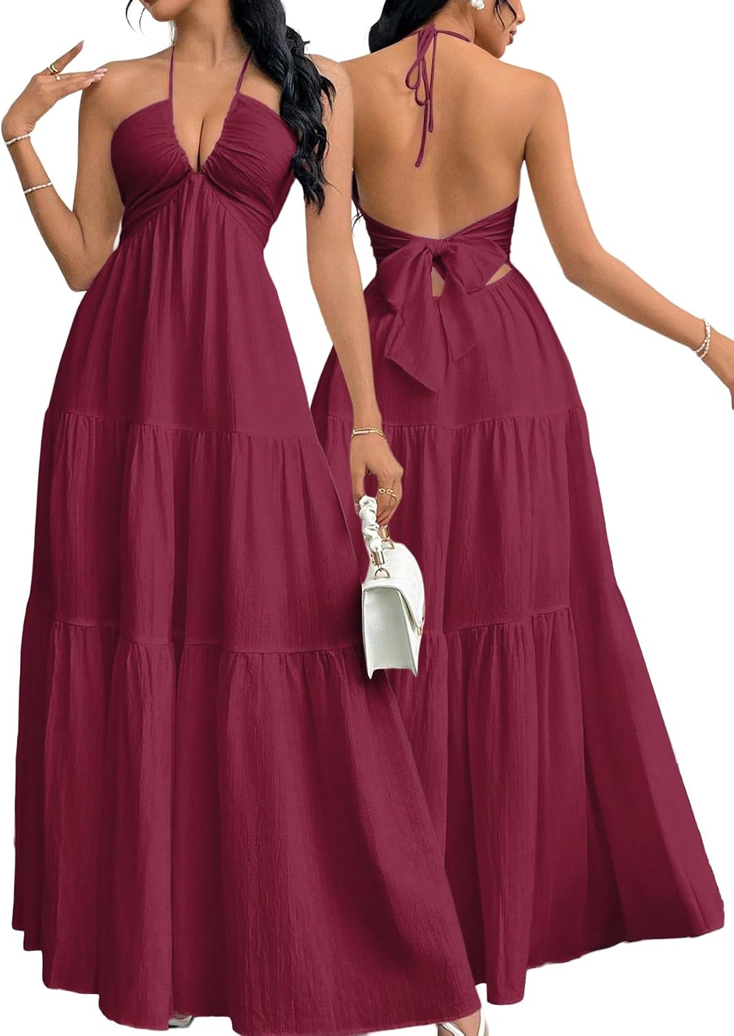 Halter V-Neck A-Line Maxi Dress in Burgundy