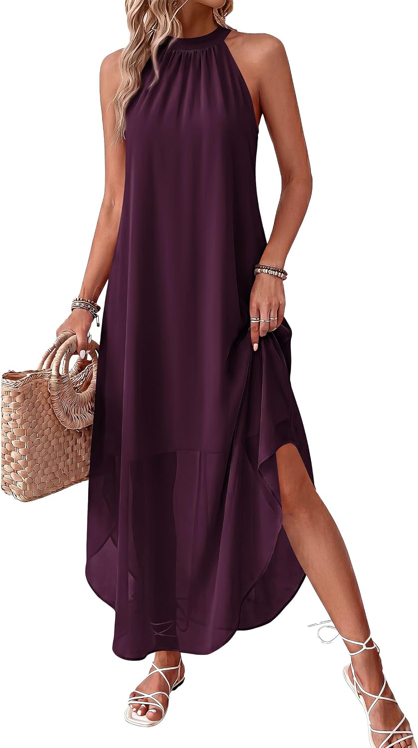 Halter Asymmetric-Hem Flowy Maxi Dress with Pockets in Dark Purple