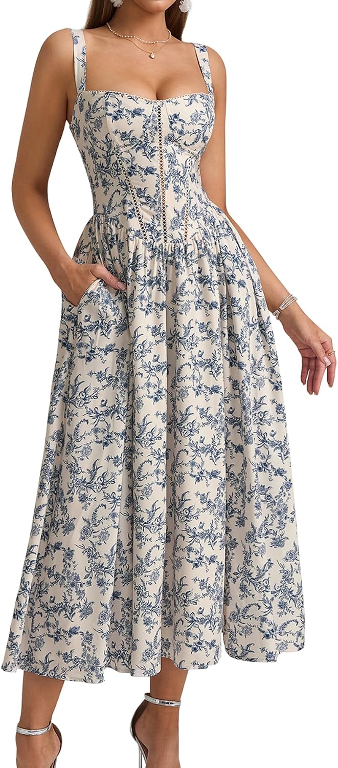 Floral Corset Midi Dress with Slit and Pockets in Blue Floral