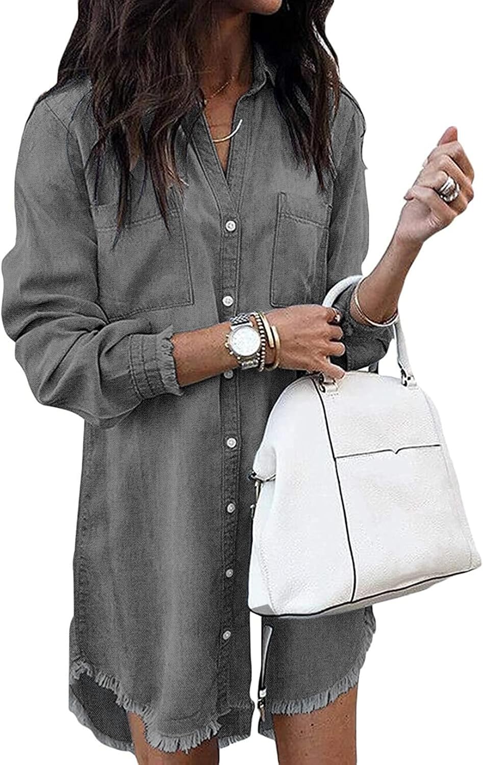 Long-Sleeve Button-Down Denim Shirt Dress with Fringe Hem in Grey