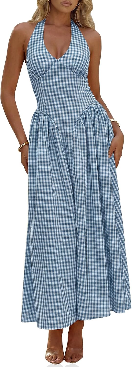 Plaid Halter Corset Maxi Dress with Pockets in Bluish Gray