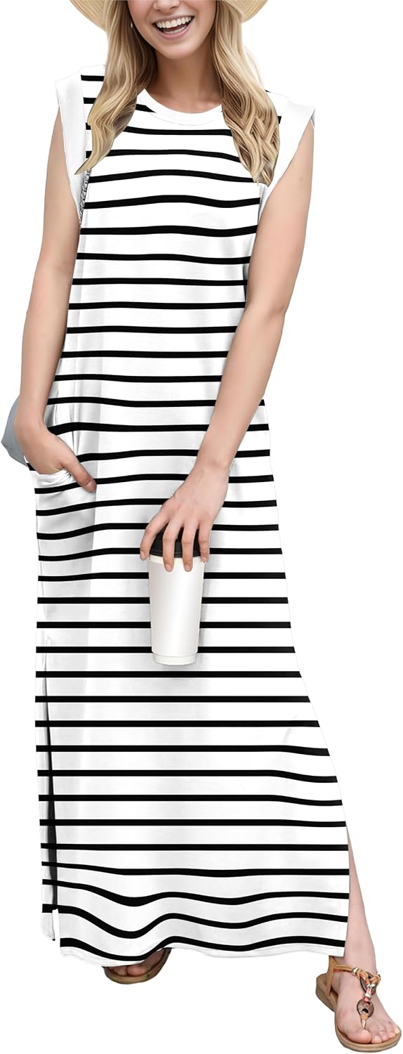 Crew-Neck Loose Maxi Dress with Side Slits and Pockets in White Black Stripe