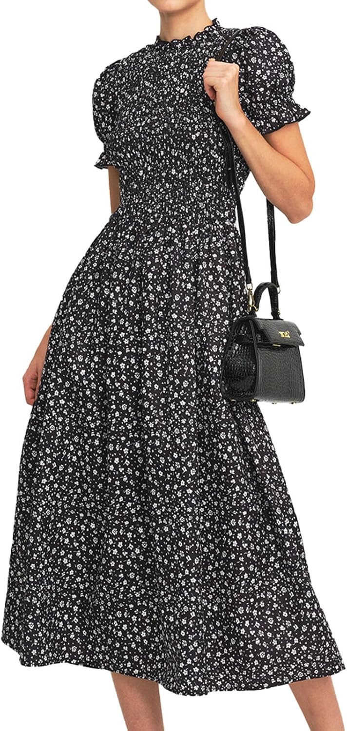 Gingham Puff-Sleeve Smocked Midi Dress in Black (Long)
