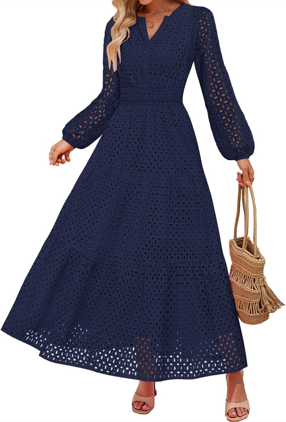 Eyelet V-Neck Long-Sleeve A-Line Dress in Navy