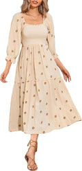 Embroidered Floral Long-Sleeve Tiered Midi Dress in Beige